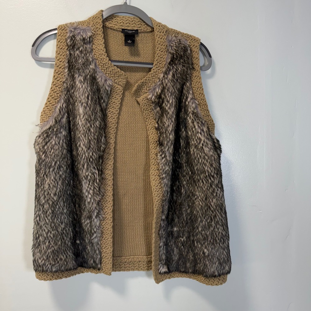 Ann Taylor Faux Fur Front Knit Vest Tan Brown Sleeveless Sweater Small